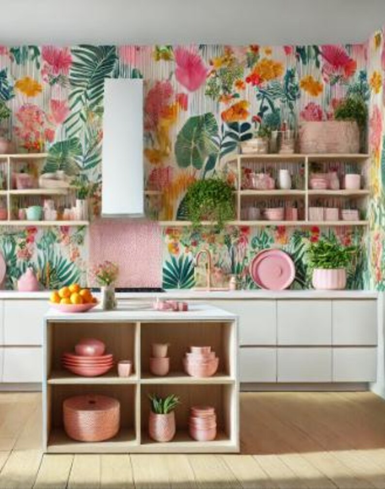 May include: A white kitchen island with open shelves displaying pink ceramic bowls, plates, and planters. The island has a white countertop and a white backsplash. The kitchen has white cabinets and a floral wallpaper with pink, green, and yellow accents.