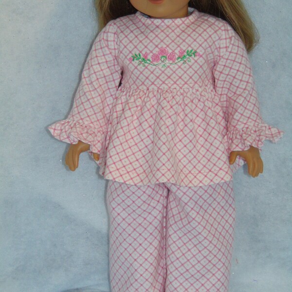 18-inch Doll Clothes -- Pink and White Geometric Print - Embroidered Bodice Flannel Pajamas