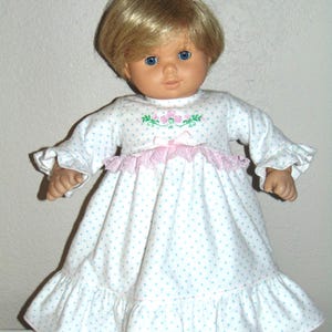 15-inch Girl Doll Clothes -- Flannel Nightgown - - Blue Polka Dots on White Flannel Embroidered Bodice Lace Trim