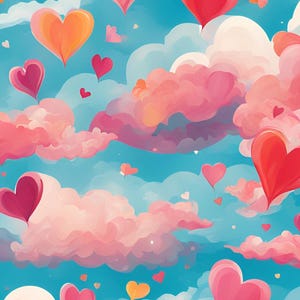 May include: A blue sky with pink and white clouds and many red, pink, orange, and yellow hearts floating in the sky.