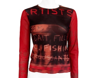 Cop Copine Paris doorschijnende mesh top vintage – rood & zwart grafische top met lange mouwen Y2K kunst top maat M (rekbaar) Artist Artsy Y2K jaren 90
