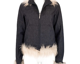 Moschino Jeans Vintage Denim Jasje met Beige Kunstbont Afwerking – Gewatteerde Voering, Zware Katoen, Zeldzaam Stuk Italiaanse Maat 42 Jaren 90 Jaren 2000 Jaren 2010