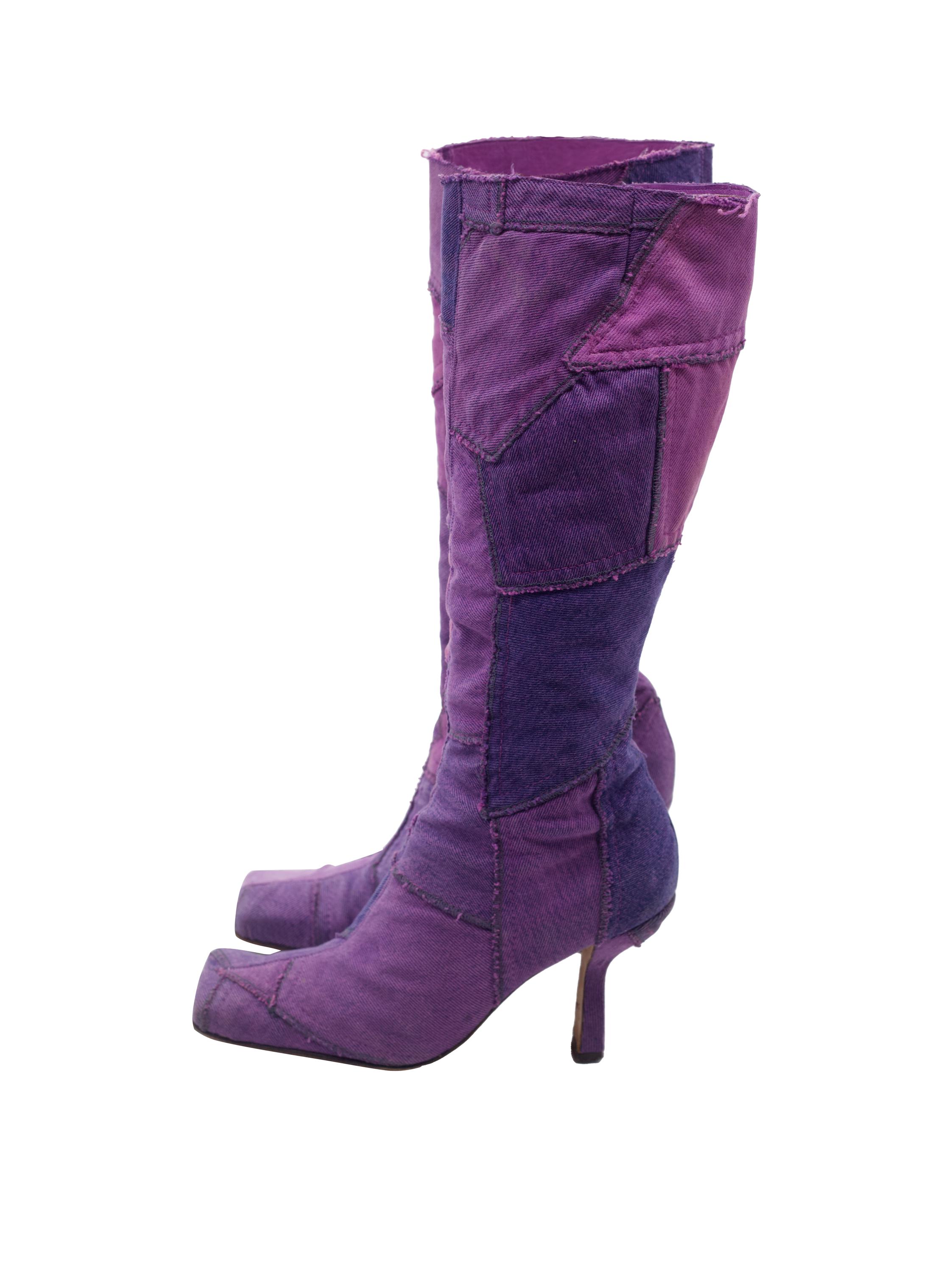 Vintage Purple Denim Boots / Very Rare Y2k Patchwork High Boots