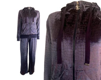 Roberto Cavalli Velours trainingspak set inclusief broek en hoodie jas/ Y2k Roberto Cavalli Gym pak blauwe glanzende stof 2000S Vintage