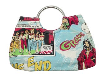 Vintage handtas met popart stripboekprint en metalen ringhengsels | Unieke portemonnee | Retro handtas Y2K jaren 90 en 2000