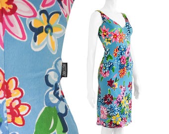 Moschino Blumenkleid aus Baumwolle 1990er Jahre Blau Multicolor Print S/M Vintage 1990