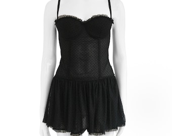 Moschino Corset Lingerie Jurk Vintage – Zwarte Bustier Teddy met BH-cups en Verstelbare Rug | Doorschijnende Gestippelde Mesh Slip