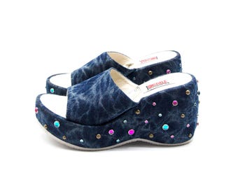 Zeldzame vintage plateausandalen / jaren 90 2000 Zeldzame Londsdale-plateaus met denim en strass-steentjes Y2K