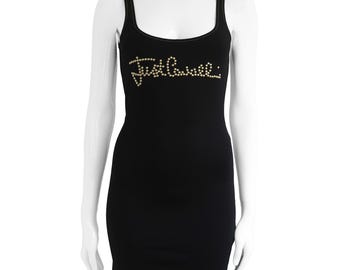 Just Cavalli NWT Zwarte Bodycon Jurk – Goudkleurig Studded Logo – Designer Jurk – Nieuw met Labels