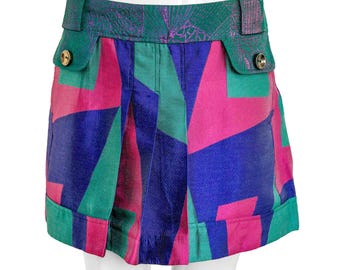 Spódnica Custo Barcelona w rozmiarze XL w stylu vintage – mini spódniczka z geometrycznym nadrukiem – moda Y2K – jasnoniebieski, różowy, turkusowy