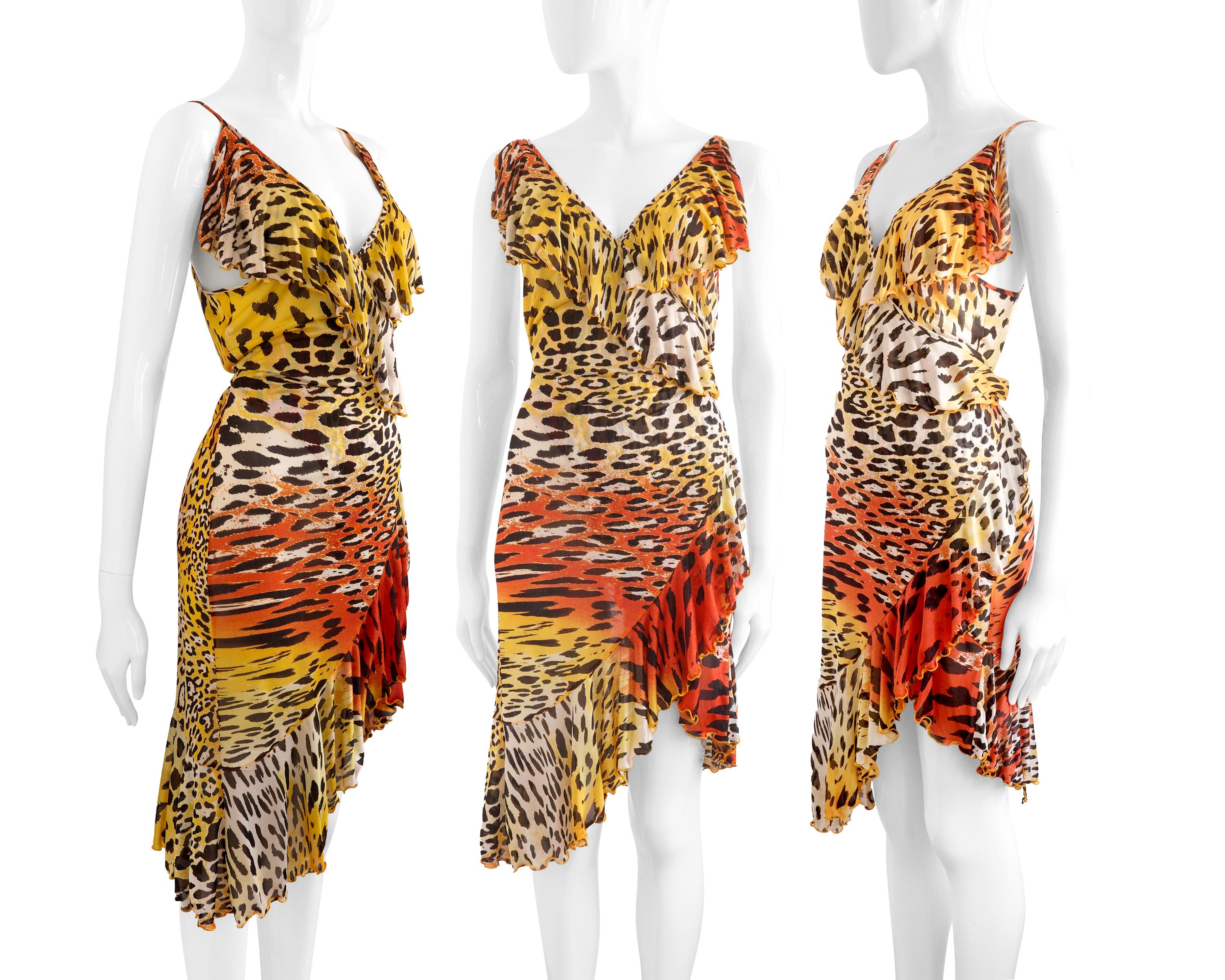 Cavalli Wickelkleid „Freedom“ aus 100 % Seide mit asymmetrischem Rüschenkleid „Tierprint“ – Einheitsgröße