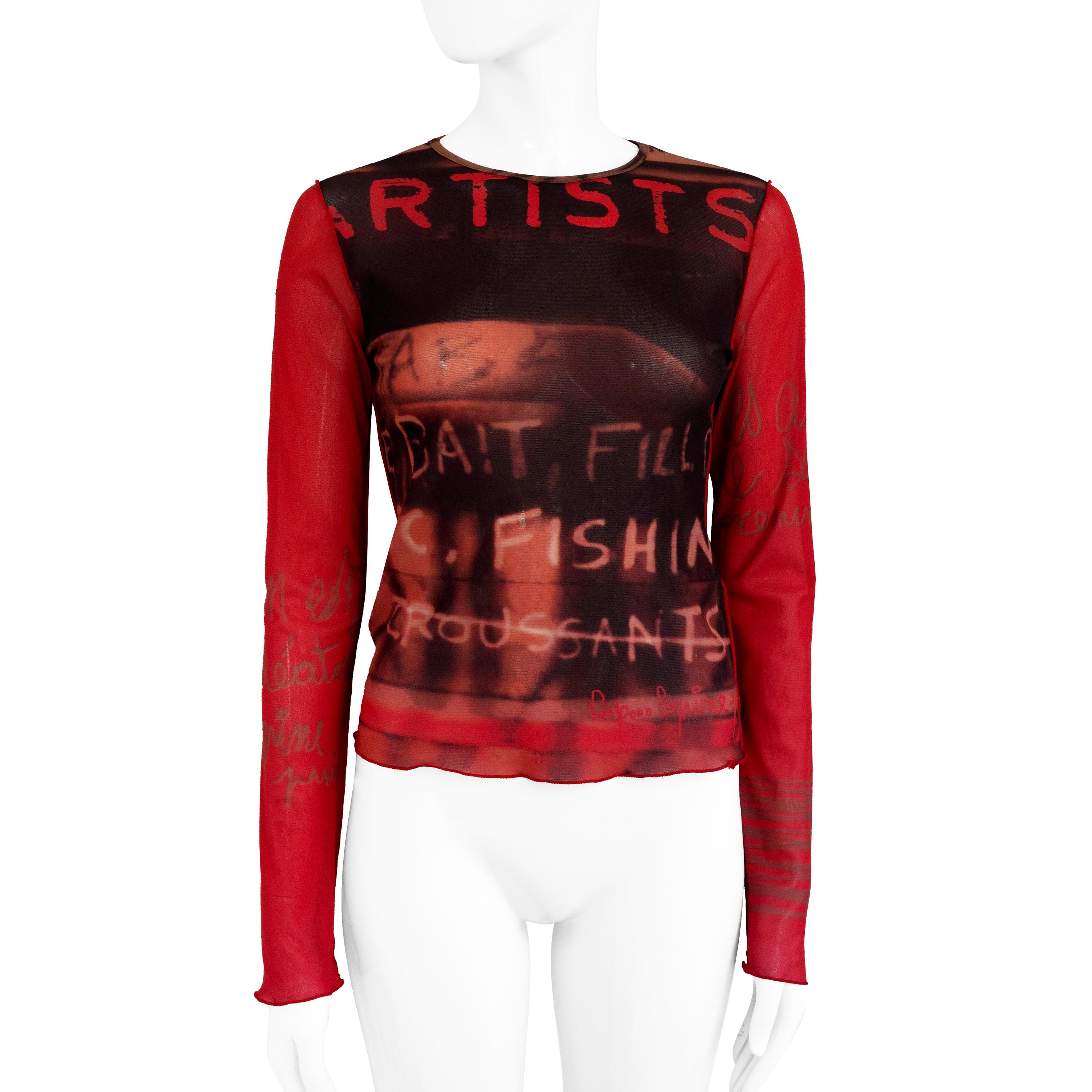Cop Copine Paris Sheer Mesh Top Vintage – Red & Black Graphic Long