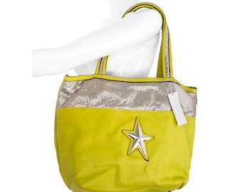 Thierry Mugler NWT limoengroene tas, iconisch metalen sterlogo, afneembaar binnenvak, zilverkleurig metallic gaas, vintage handtas uit de jaren 90/Y2K/2010
