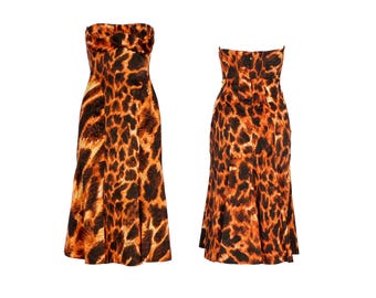Just Cavalli Midikleid mit Leopardenmuster, 2000er-Jahre, Größe L / Y2k Roverto Cavalli Satinkleid mit abnehmbaren Trägern