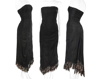 Plein Sud Größe XS/S kultiges asymmetrisches Jeanskleid / 1990er-2000er Vintage-Feenkleid aus Stretch-Jeansschwarz Y2K Maxi-Bustierkleid