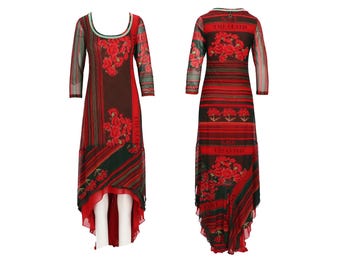 Save the Queen NWT maat L Maxi-jurk Iconische rode rozenprint NIEUW met kaartjes / Vintage mesh jurk met lange mouwen uit de jaren 1990-2000 Y2K
