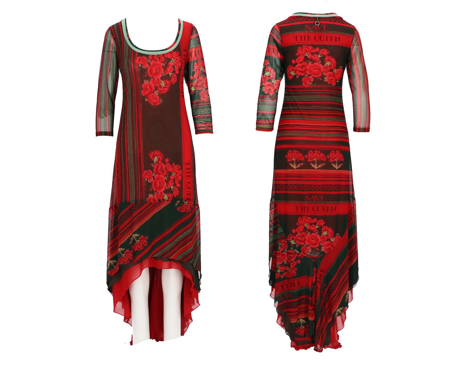 Save The Queen Nwt Size L Maxi Dress Iconic Red Roses Print New with Tags / 1990s- 2000s Vintage Mesh Long Sleeve Dress Y2k
