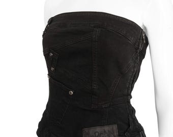 Vintage Morgan zwarte strapless denim bustier top - Y2K/90s grunge stijl, maat S/M