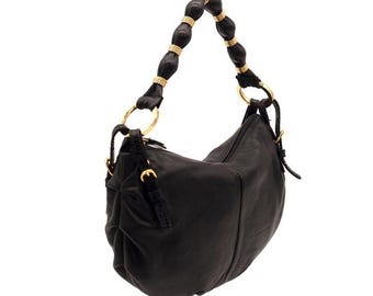Blumarine handtas van zwart leer versierd met gouden metalen stukken / Y2k Blumarine portemonnee jaren 2000