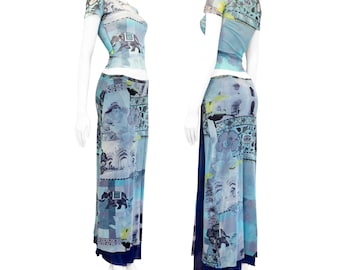 Vintage Kenzo jeans tweedelige set – mesh top & lange sarongrok | Indiaas motief olifantenprint | Boho Y2K etnisch patroon | Zeldzaam designeritem