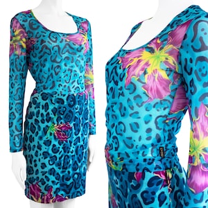 Versace Jeans Couture Twinset bestehend aus Mesh-Top und Rock M Animalprint und Blumen Vintage 1990er/2000er Bild 1