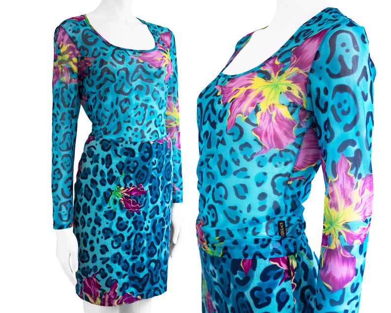 Versace Jeans Couture Twinset bestehend aus Mesh-Top und Rock M Animalprint und Blumen Vintage 1990er/2000er Bild 1