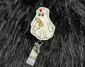 Halloween - Nurse Ghost with Bandage Badge Reel: Retractable ID Tag Holder