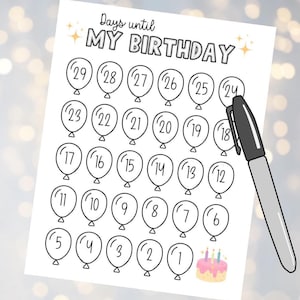 Könnte beinhalten: Ein druckbarer Geburtstags-Countdown-Chart mit 29 Ballons, jeder mit einer Nummer von 29 bis 1. Der letzte Ballon hat eine Geburtstagstorte mit Kerzen. Der Text oben lautet "Tage bis zu MEINEM GEBURTSTAG".