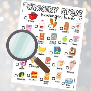 May include: A white paper titled "GROCERY STORE scavenger hunt" with a magnifying glass. The list includes illustrations of groceries like milk, carrots, cookies, juice boxes, peanut butter, apples, yogurt, bananas, chips, coffee, and more.