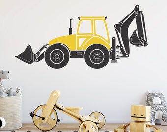 Backhoe Tractor Wall Decal, Decals for Kids, Removable Construction Themed Nursery Decor, Two Color Loader Machinery Decal