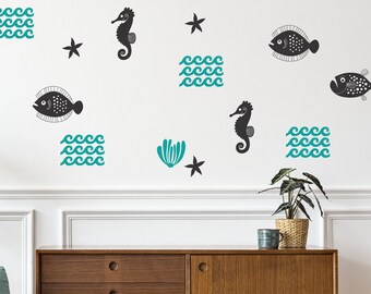 Ocean Sea Life Wall Decals Set - Fish, Seahorse, Starfish, Ocean Waves and Seaweed, Whimsical Decals, Decor for Ocean Themed Nurseries