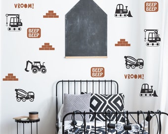 Construction Zone Wall Decal Set- Bulldozer, Backhoe, Concrete Mixer, Whimsical Playroom Decor, Construction Site Themed Nurseries