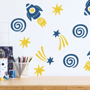 Rocket Ship and Shooting Stars Wall Decal Set, Outer Space Themed Wall Decor, Galaxy Decals, Fun Decals for Kids, Nursery Wall Art
