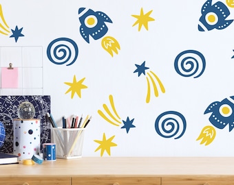 Rocket Ship and Shooting Stars Wall Decal Set, Outer Space Themed Wall Decor, Galaxy Decals, Fun Decals for Kids, Nursery Wall Art