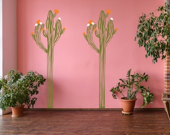 Saguaro Cactus Wall Decal, Desert Themed Decor, Removable Southwestern Vinyl Decals, Large Blooming Cacti Room Decoration