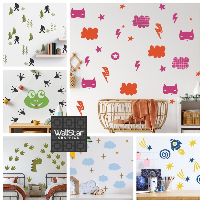 A collage of wall decals for kids by Wall Star Graphics consisting of Big Foot, superhero themed, frogs, dinosaurs, puffy clouds, stars, and rocket ships.