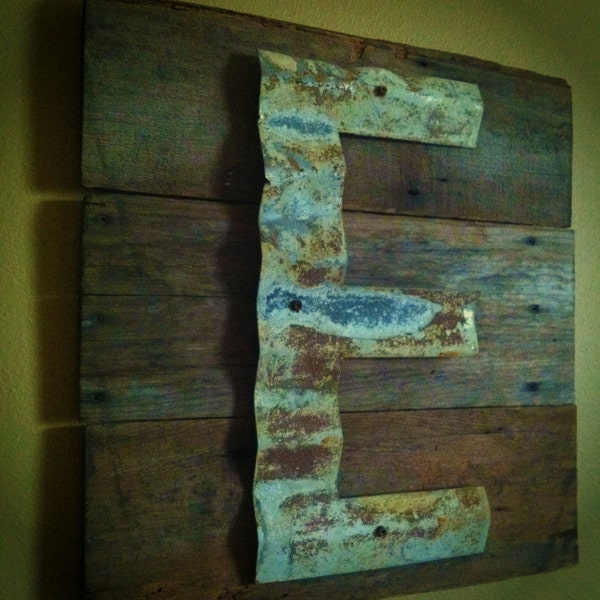 Reclaimed Barn Wood Upcycled Sign Patina Initial Monogram Corrugated Steel Beach House Vacation Home