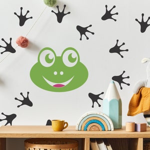 Kids Wall Decals – Playful Frog Face and Tracks, Removable Vinyl for Nursery or Playroom, Decor for Renters, Peel and Stick
