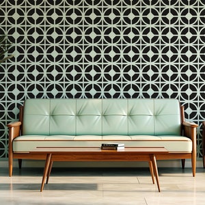 May include: A mid-century modern living room with a light green sofa, a wooden coffee table, and a geometric patterned wallpaper. The wallpaper features a repeating pattern of black circles and diamonds on a light green background.