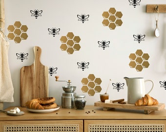 Bees and Honeycomb Wall Decals, Removable Geometric Kitchen Decal, Cottagecore Nursery Decor, Whimsical Bee Vinyl Decals, Summer Wall Decor