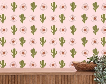 Cactus and Sun Wall Decal, Desert Themed Decor, Removable Southwestern Vinyl Decals, Boho Succulent Wall Decor