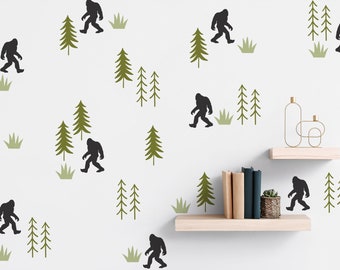 Bigfoot and Pine Trees Wall Decal Set, Sasquatch Decal, Pacific Northwest Wall Decor, Wilderness Nursery Decor, Woodland Removable Decals