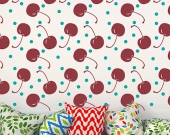 Retro Cherry Wall Decals, Cherries Decal, Mid Century Decor, Fruit Wall Decal, Summer Wall Decor, Dorm Decor, Apartment Decor