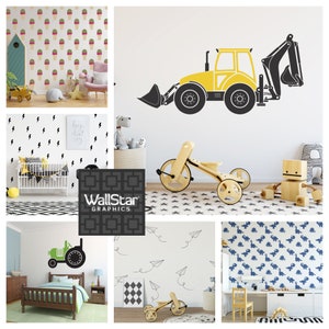 A collage of wall decals for kids by Wall Star Graphics consisting of ice cream cones, lightning bolts, excavators, tractors, paper airplanes, and dinosaurs.