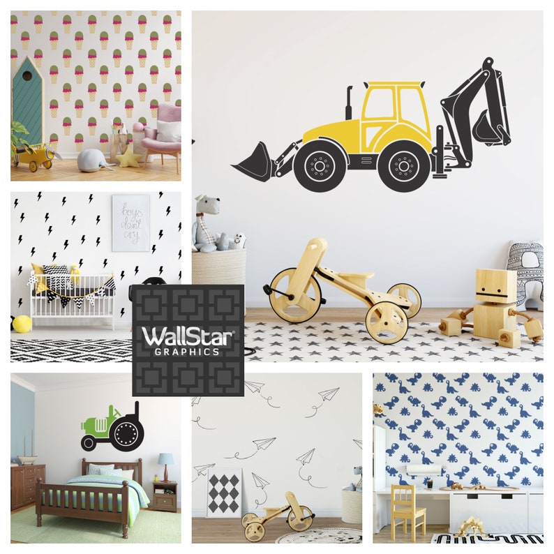 A collage of wall decals for kids by Wall Star Graphics consisting of ice cream cones, lightning bolts, excavators, tractors, paper airplanes, and dinosaurs.