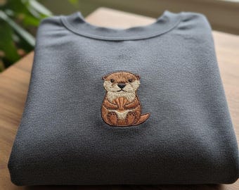 Sweat-shirt brodé mignon de loutre, adorable col rond de loutre de rivière, cadeau pour les amoureux des animaux, chemise minimaliste de vêtements de la faune