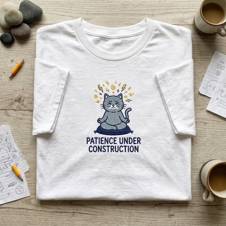 May include: White t-shirt with a cartoon cat meditating on a blue cushion, with yellow lightning bolts above its head. The text "PATIENCE UNDER CONSTRUCTION" is below the cat. A casual wear item.