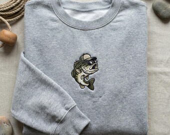 Sweat-shirt de pêche à l'achigan brodé, sweat à capuche poisson cool avec lunettes de soleil, vêtements cadeau de pêcheur, achigan à col rond, cadeau de plein air