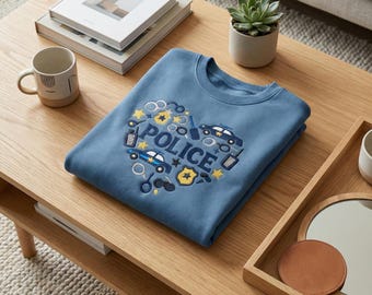 Sweat-shirt brodé pour secouristes, col rond bleu héros, cadeau pour les forces de l'ordre, broderie police coeur, sweat à capuche pour femme de police