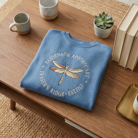 Sassenach Apothecary Embroidered Sweatshirt, Fraser's Ridge Est. 1761, Outlander Inspired Dragonfly Crewneck, Book Lover Gift